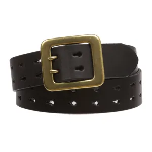 1.5" Leather Belt with double-prong Brass Buckle & Snap-On Strap for Men and Women
