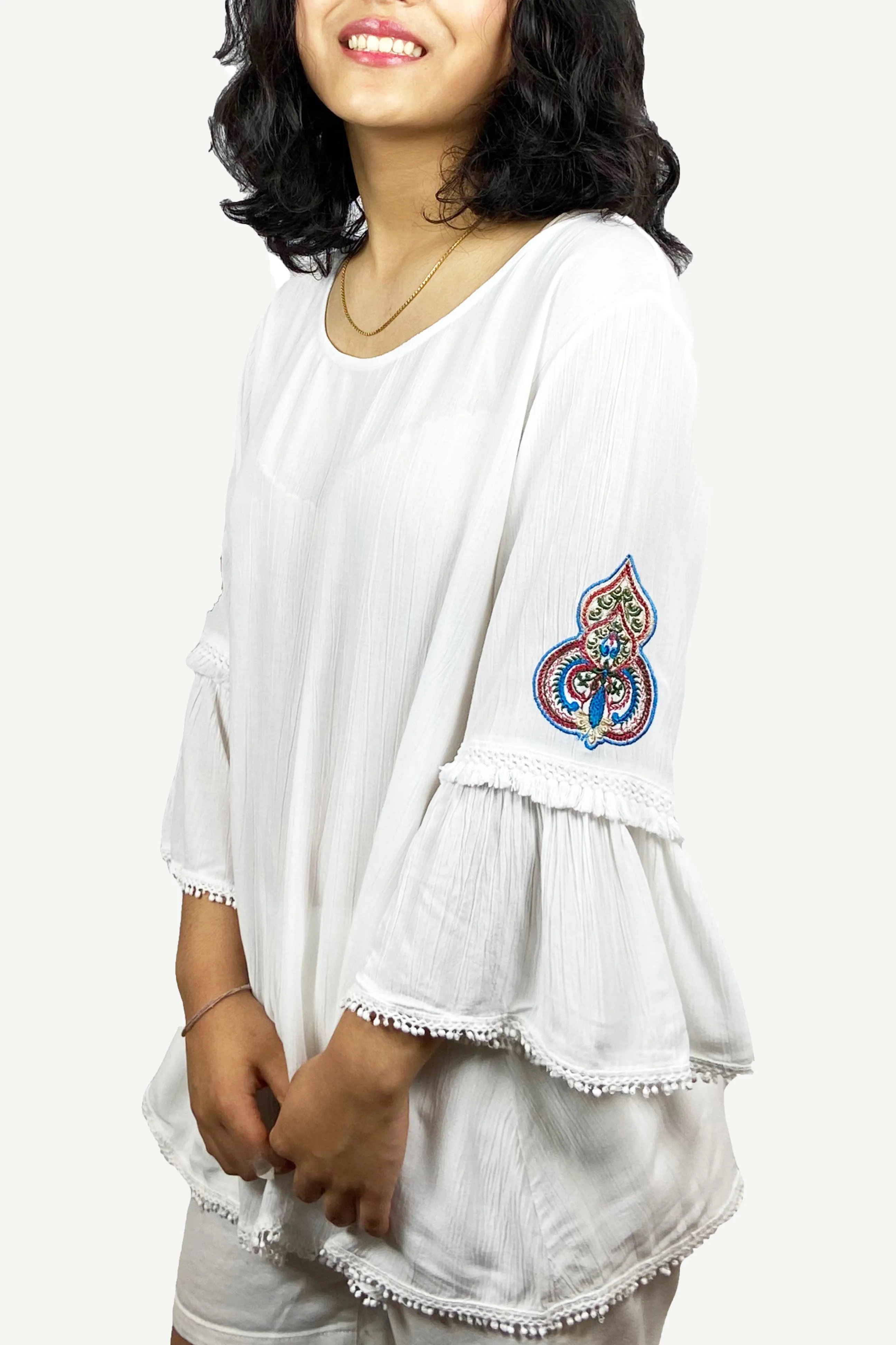 3900 B Rayon Tiered Bell Sleeve Embroidered Top Blouse