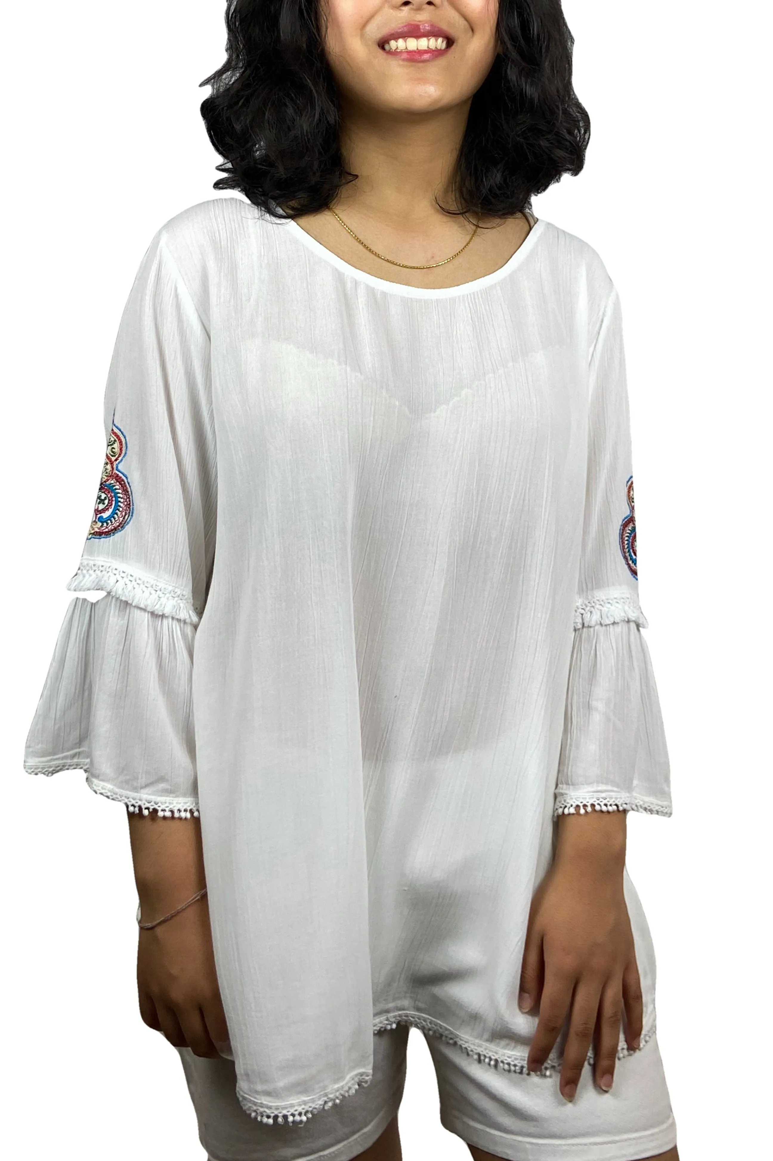 3900 B Rayon Tiered Bell Sleeve Embroidered Top Blouse