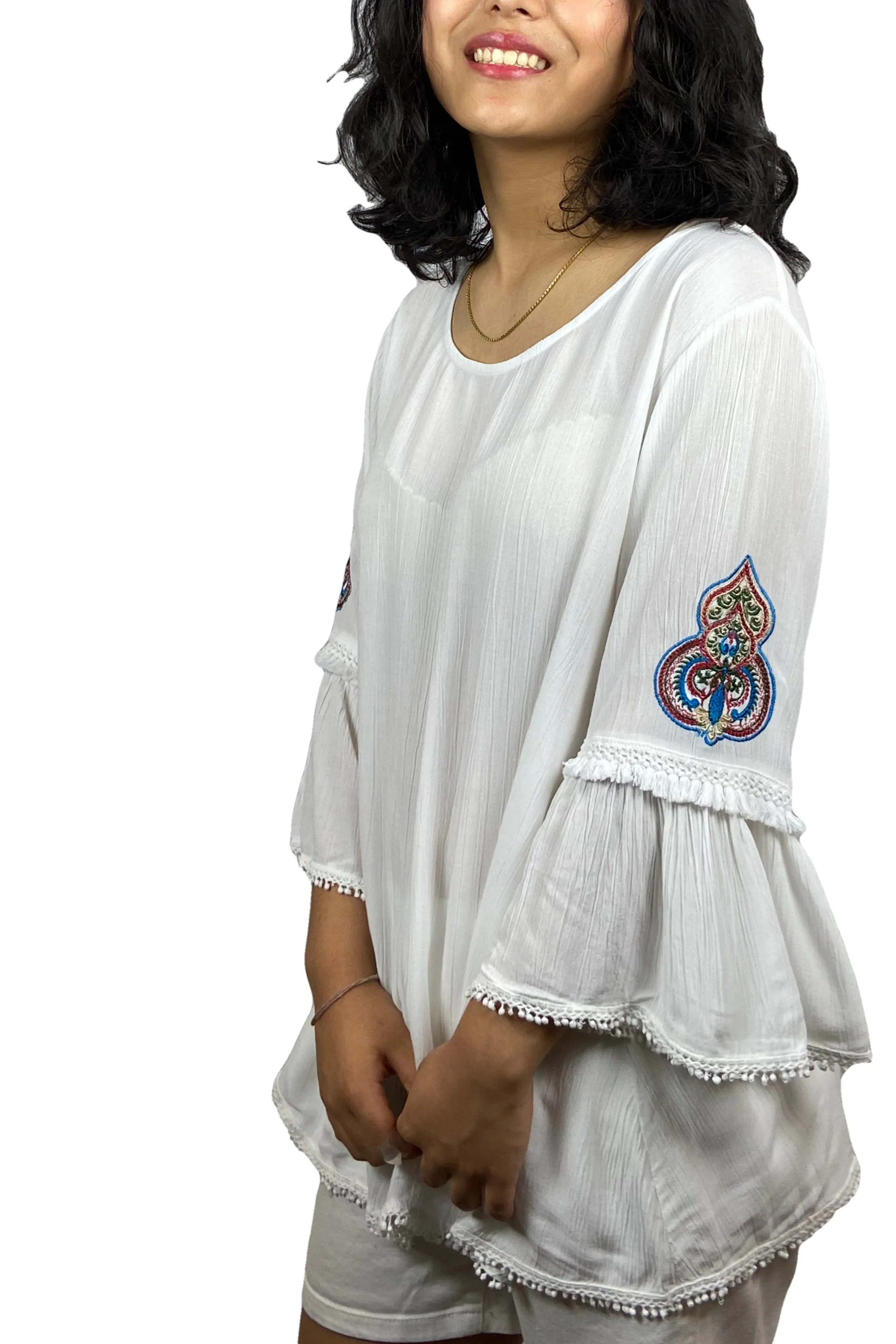 3900 B Rayon Tiered Bell Sleeve Embroidered Top Blouse