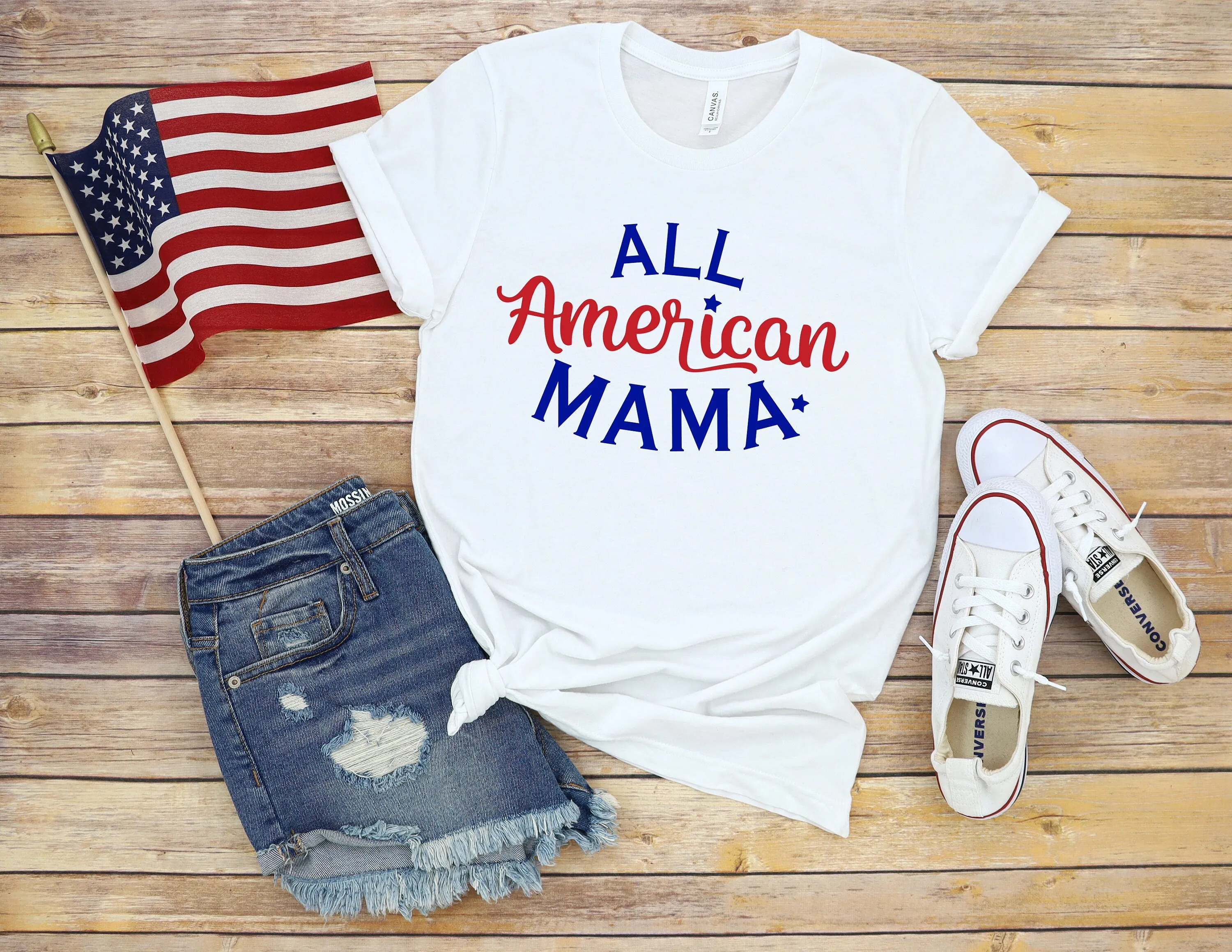 All American Mama- Fourth of July Adult T Shirt - Independence Day - Memorial - Red White and Blue