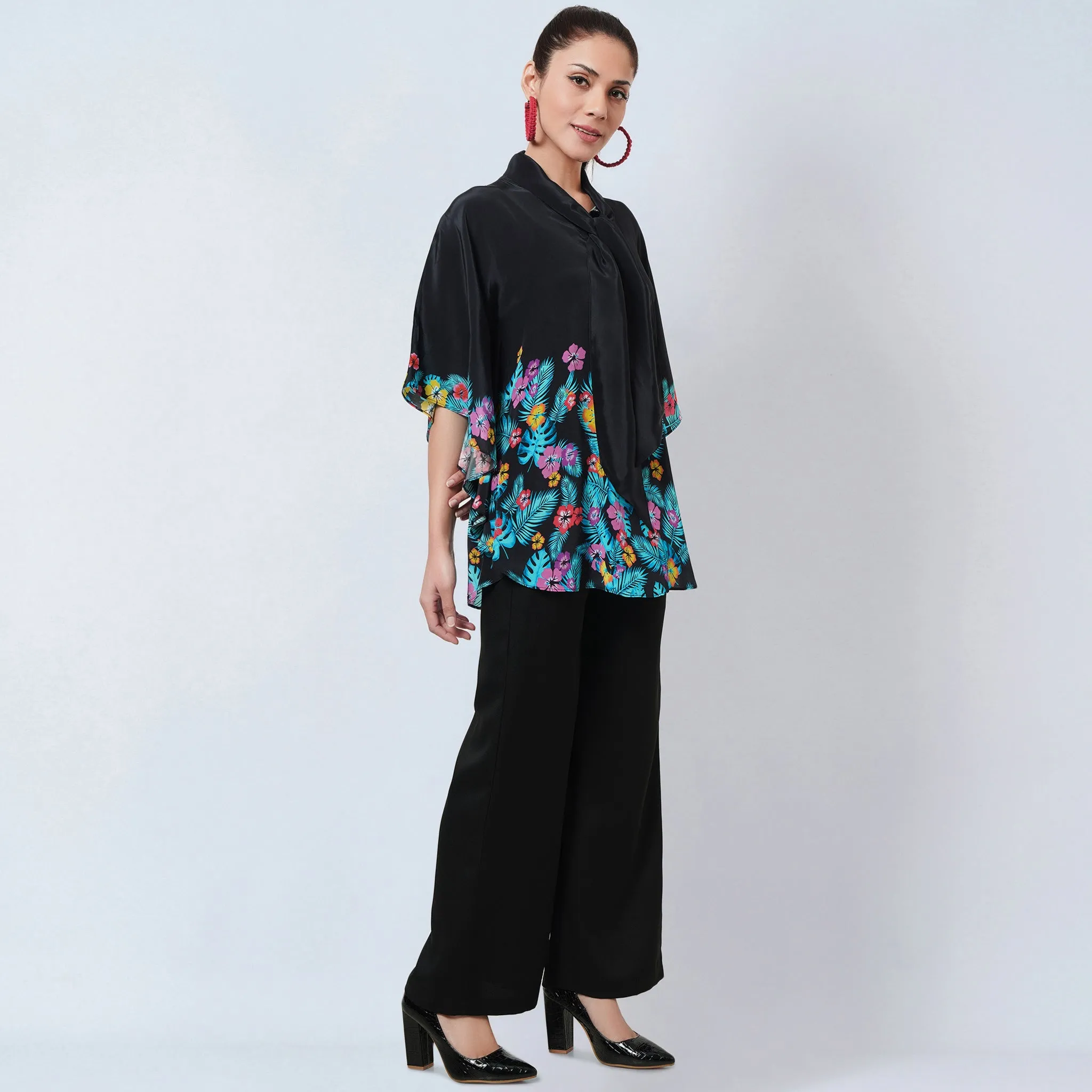 Black and Yellow Floral Bow-Tie Top and Straight Pants Set