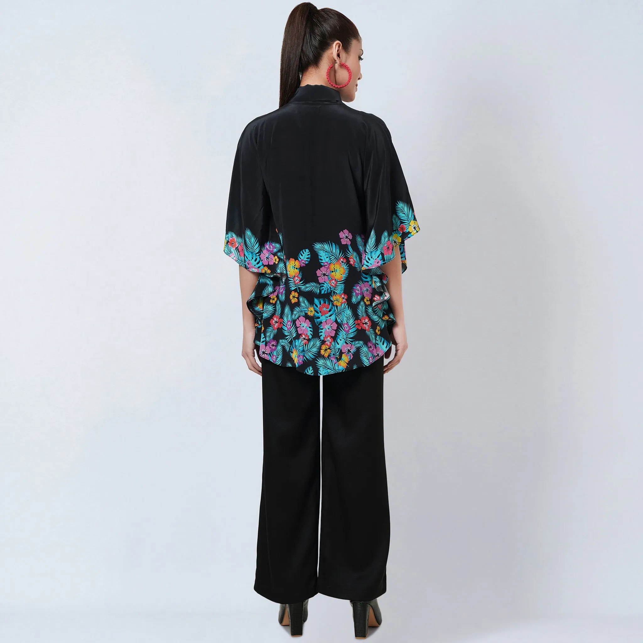 Black and Yellow Floral Bow-Tie Top and Straight Pants Set
