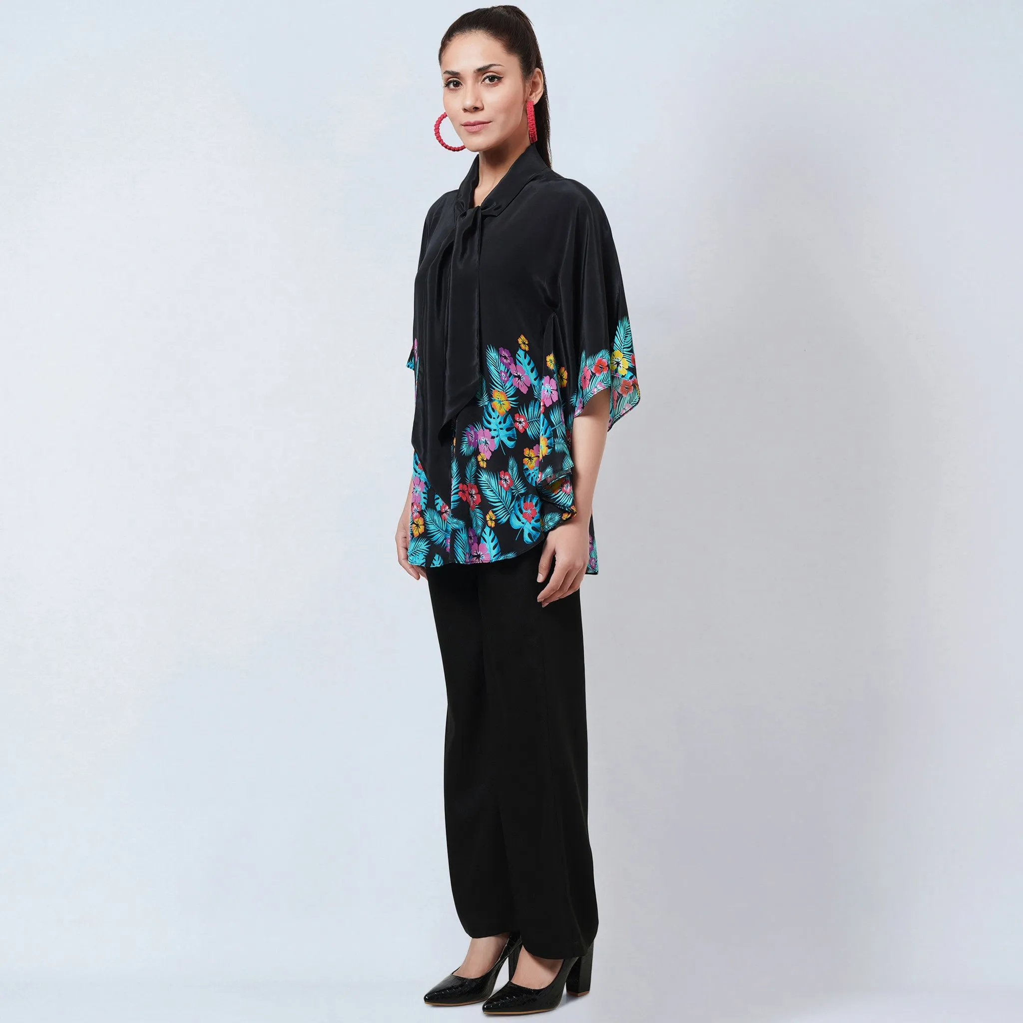 Black and Yellow Floral Bow-Tie Top and Straight Pants Set