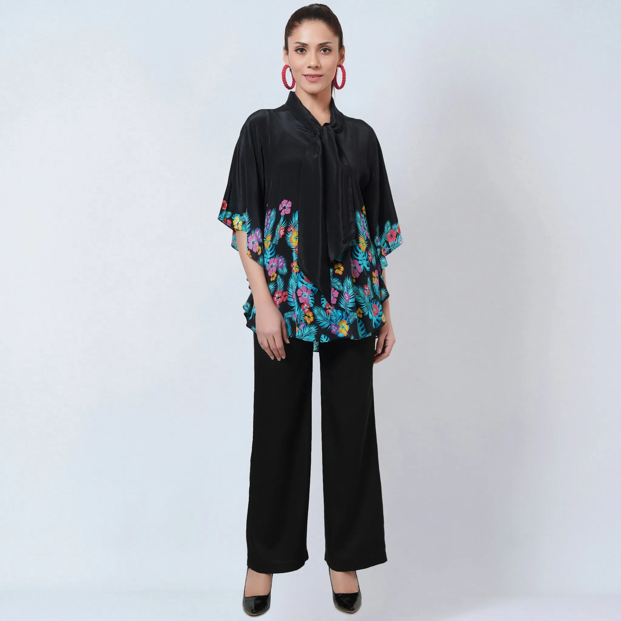 Black and Yellow Floral Bow-Tie Top and Straight Pants Set