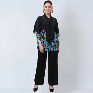 Black and Yellow Floral Bow-Tie Top and Straight Pants Set