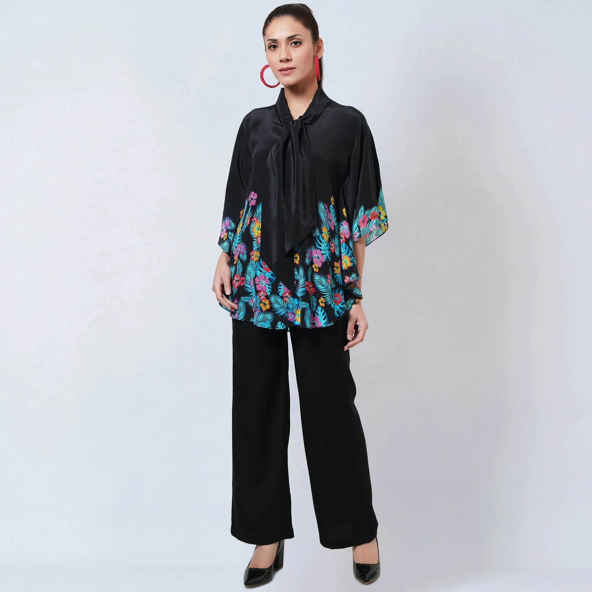 Black and Yellow Floral Bow-Tie Top and Straight Pants Set
