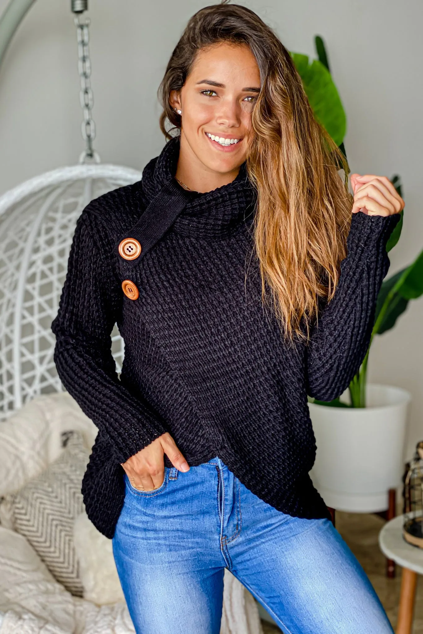 Black Knit Asymmetrical Sweater With Buttons