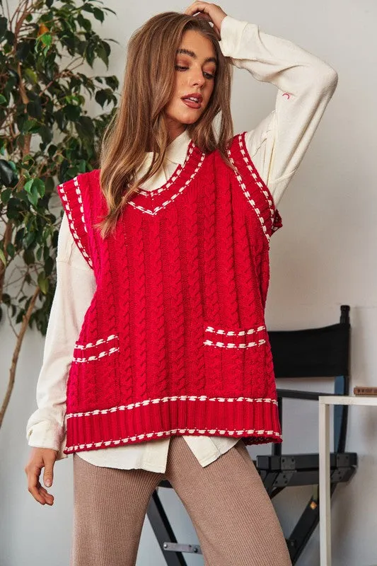 Bohemian Solid V-Neck Sleeveless Pocket Detail Sweater