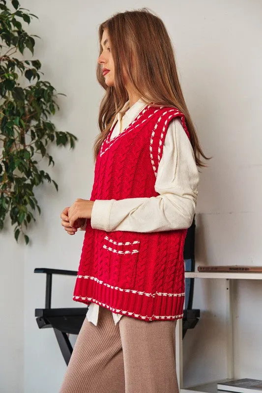 Bohemian Solid V-Neck Sleeveless Pocket Detail Sweater