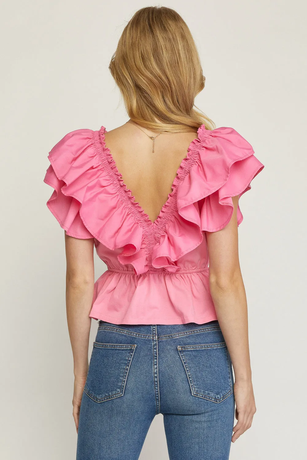 Bree Solid V-Neck Peplum Top-Pink