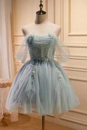 Charming Blue Off The Shoulder A Line Tulle Short Homecoming Dresses Charming Blue Off The Shoulder A Line Tulle Short Homecoming Dresses