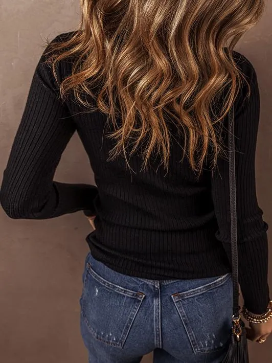 Chic Slim-Fit Ribbed Knitted Sweater with Lapel