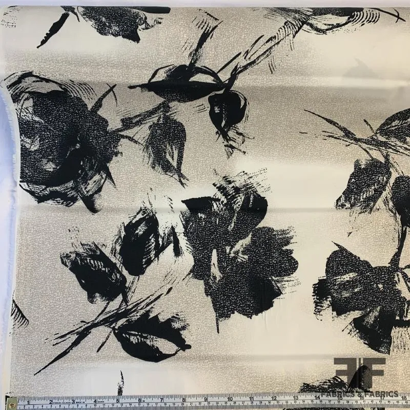 Christian Siriano Large-Scale Floral Stretch Printed Cotton Twill - Black/Beige