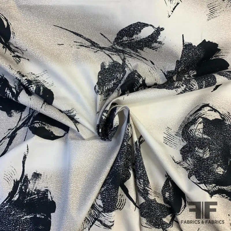 Christian Siriano Large-Scale Floral Stretch Printed Cotton Twill - Black/Beige