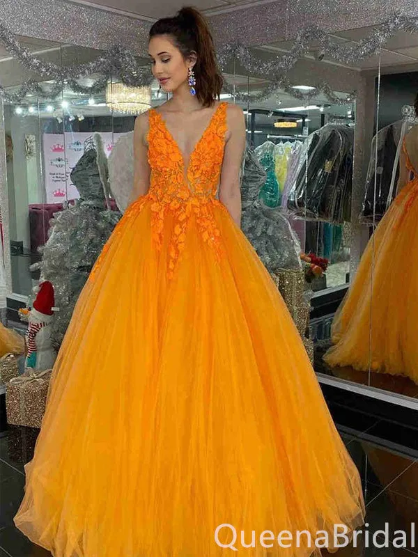 Gorgeous V Neck Lace Appliques A-line Party Dress Long Prom Dresses to Impress ,WGP1692