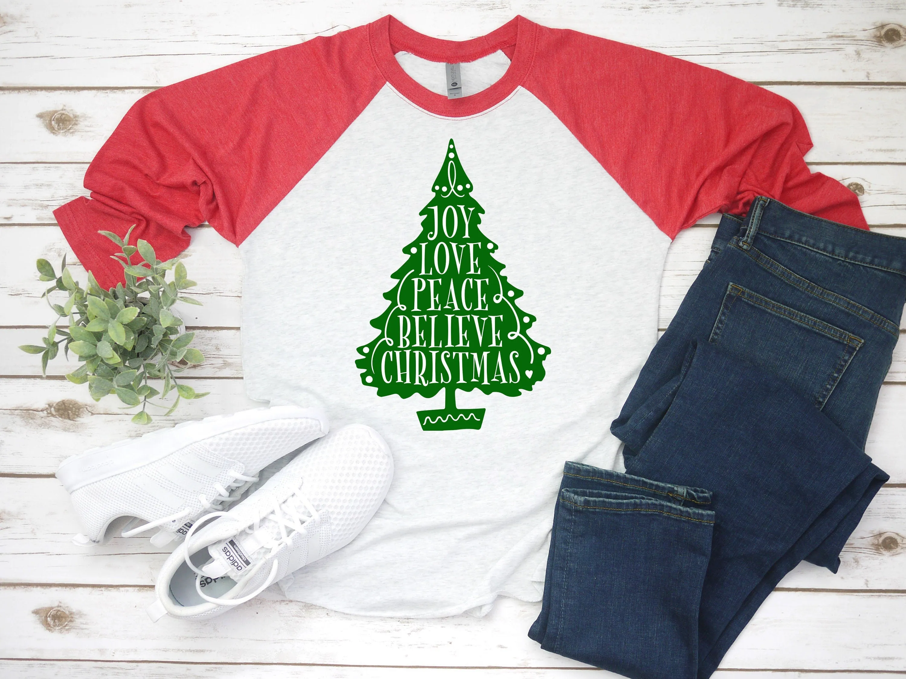 Joy Love Peace Believe Christmas Raglan T-Shirt | Cute Christmas Tree 3/4 Sleeve Holiday Shirt