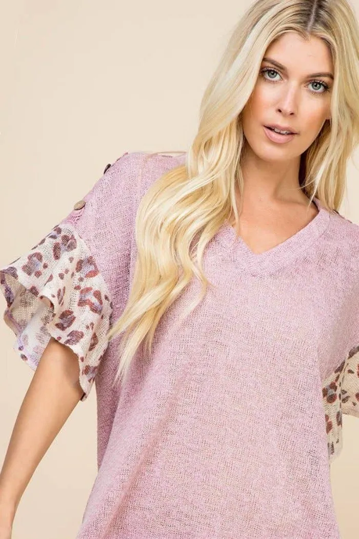 Lace Button Trim V Neck Top