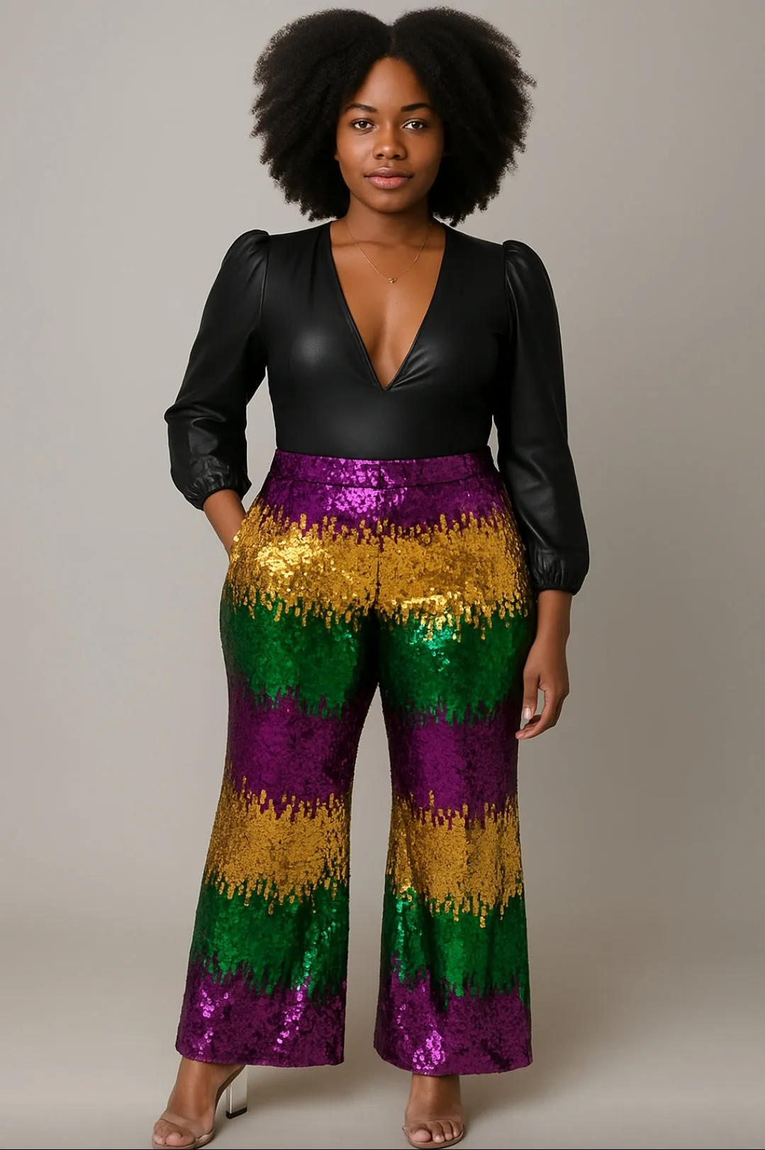 MARDI GRAS Carnival Sparkle Mardi Gras Sequin Wide-Leg Pants