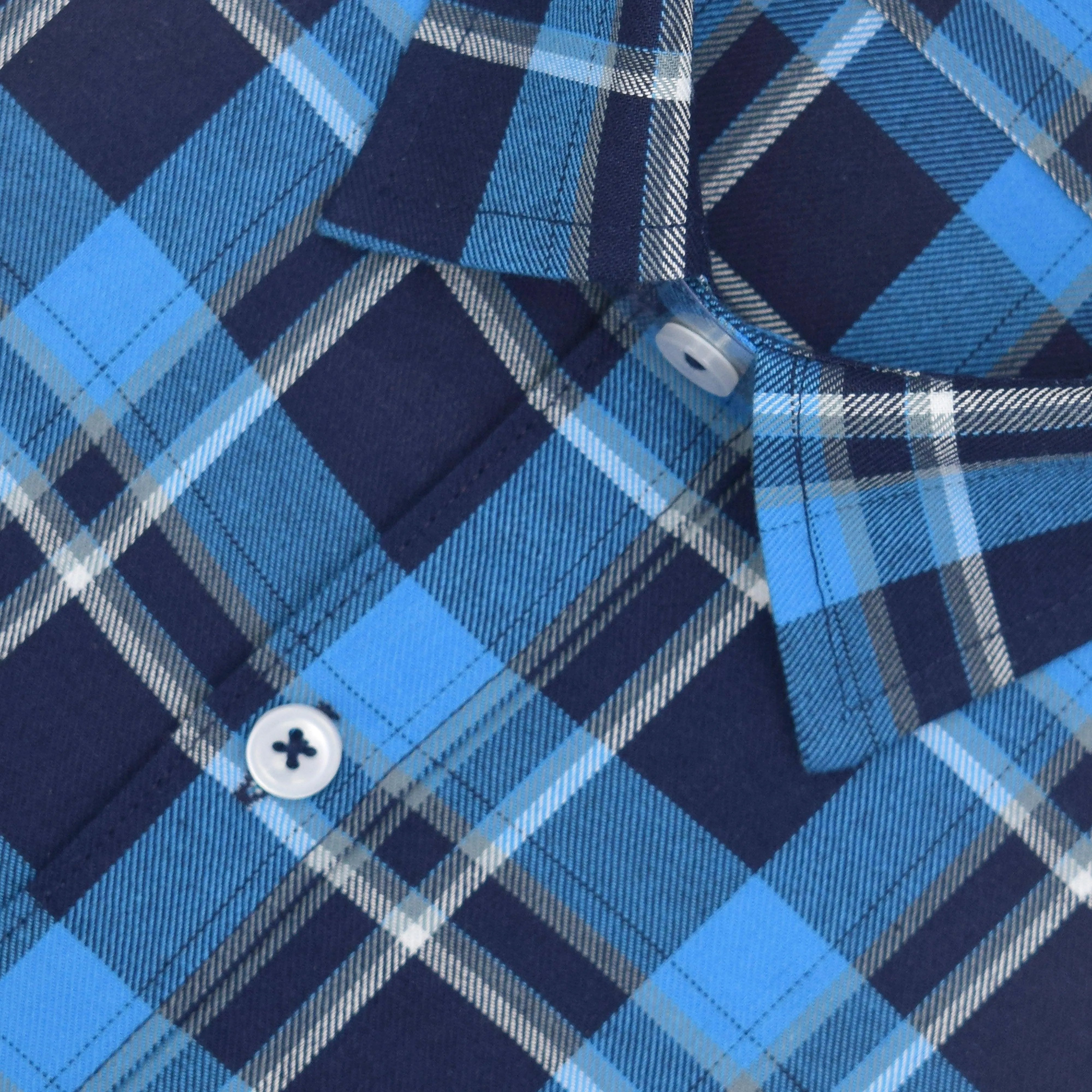Men's 100% Cotton Windowpane Checkered Half Sleeves Shirt (Blue)