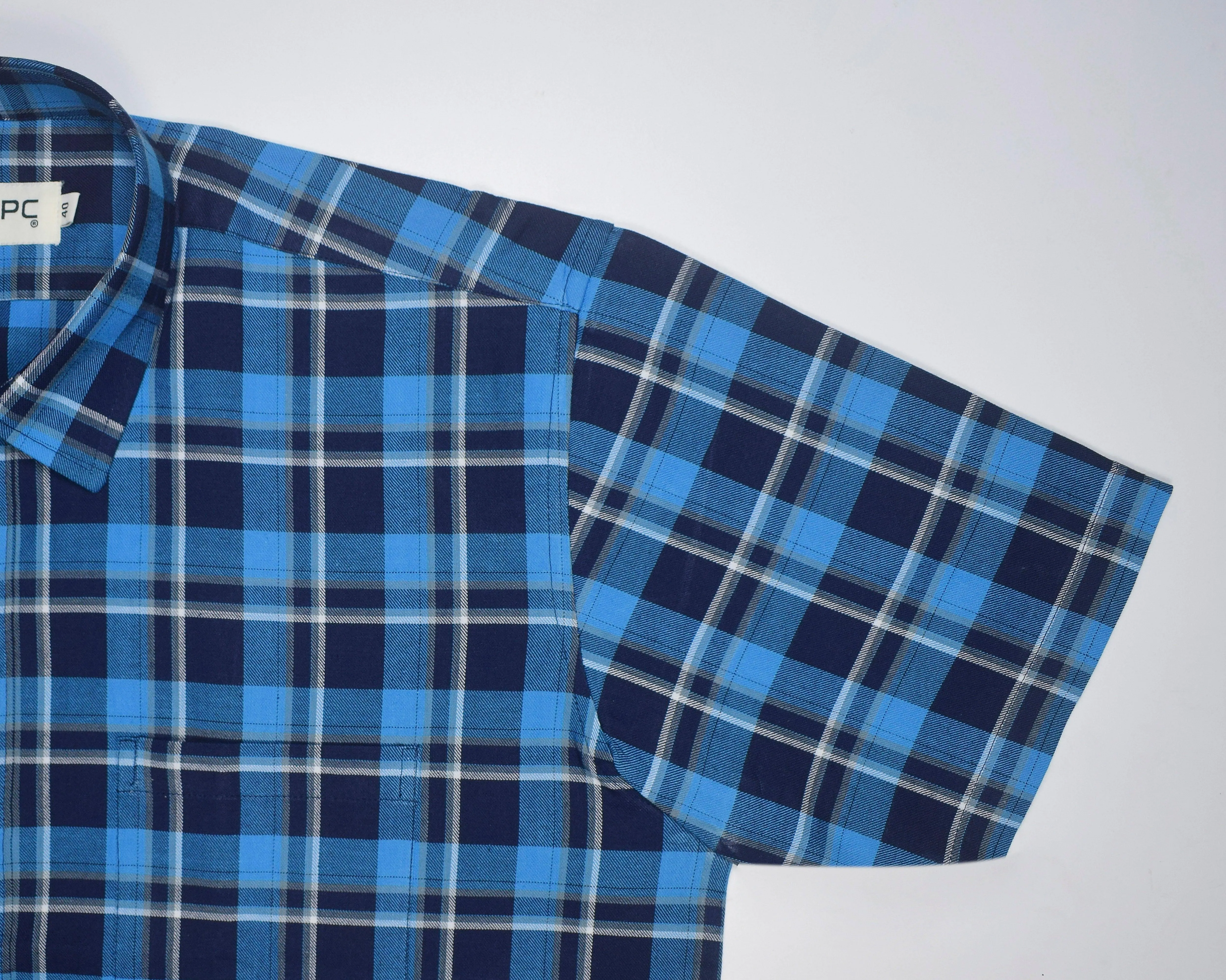 Men's 100% Cotton Windowpane Checkered Half Sleeves Shirt (Blue)