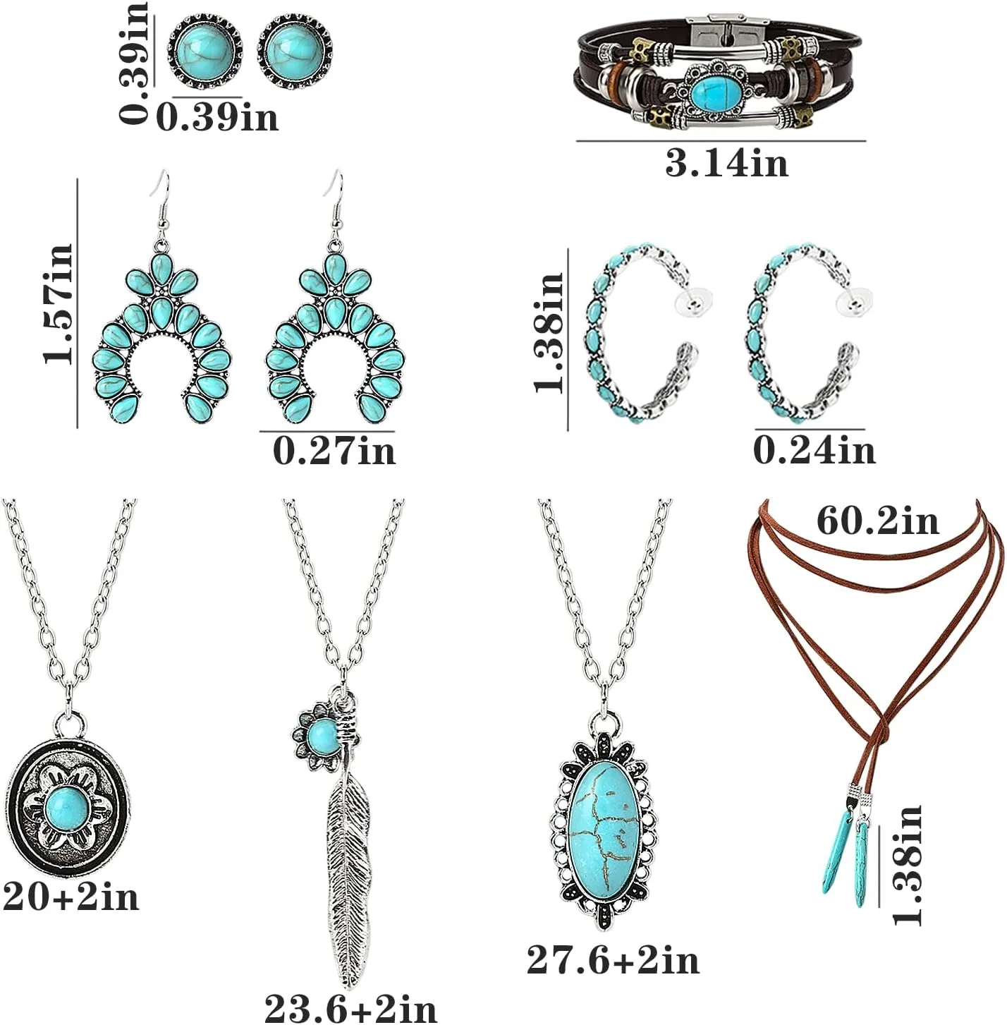 NEWITIN Silver Bohemian Jewelry Set for Women Fashion Costume Jewels Turquoise Necklace Bracelet Earrings Western Turquoise Jewelry Set for Women