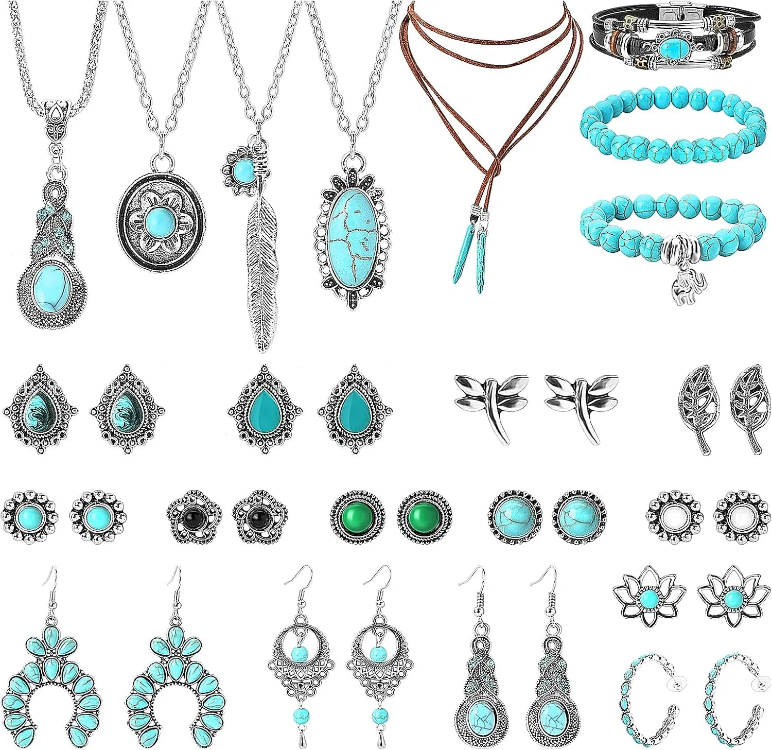 NEWITIN Silver Bohemian Jewelry Set for Women Fashion Costume Jewels Turquoise Necklace Bracelet Earrings Western Turquoise Jewelry Set for Women