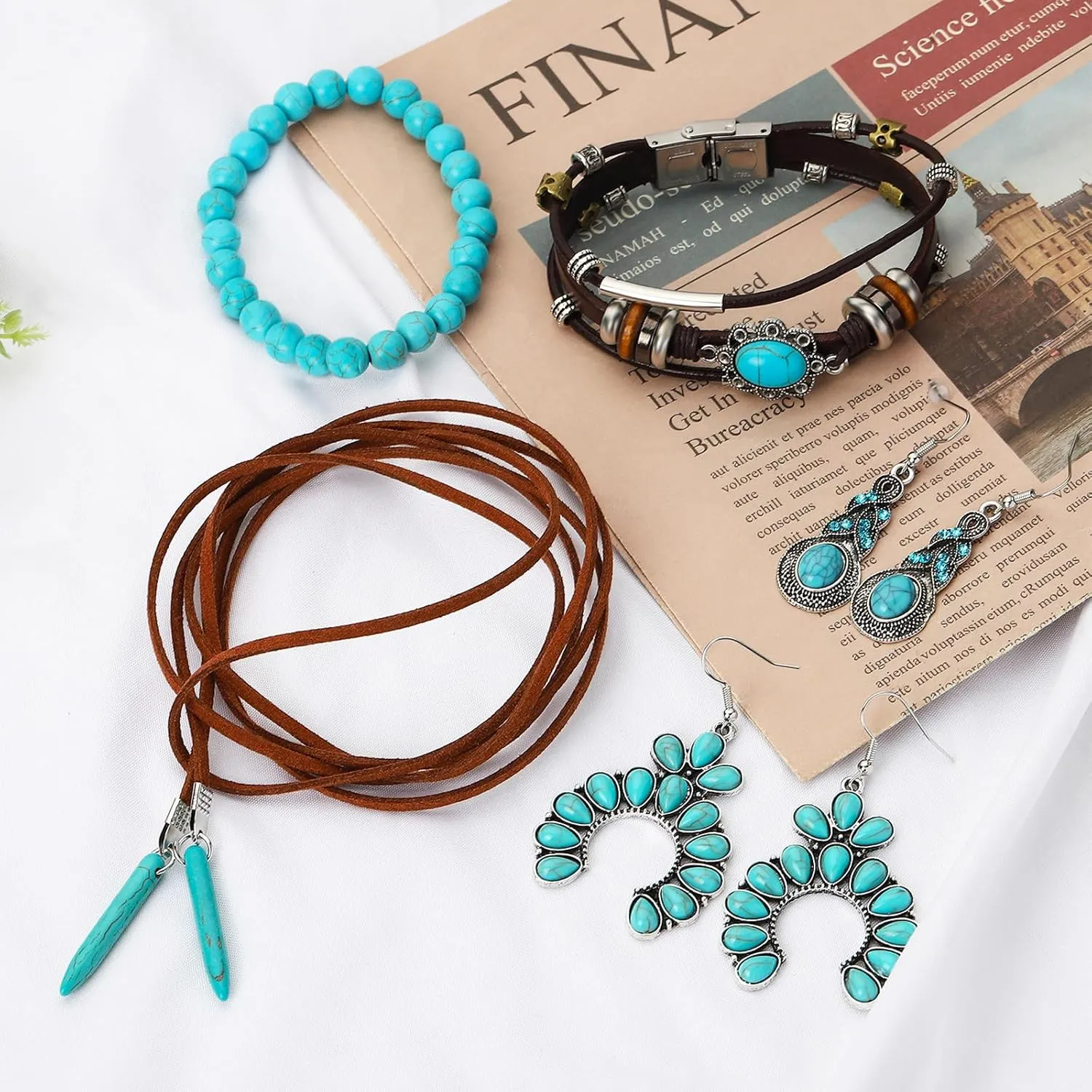 NEWITIN Silver Bohemian Jewelry Set for Women Fashion Costume Jewels Turquoise Necklace Bracelet Earrings Western Turquoise Jewelry Set for Women