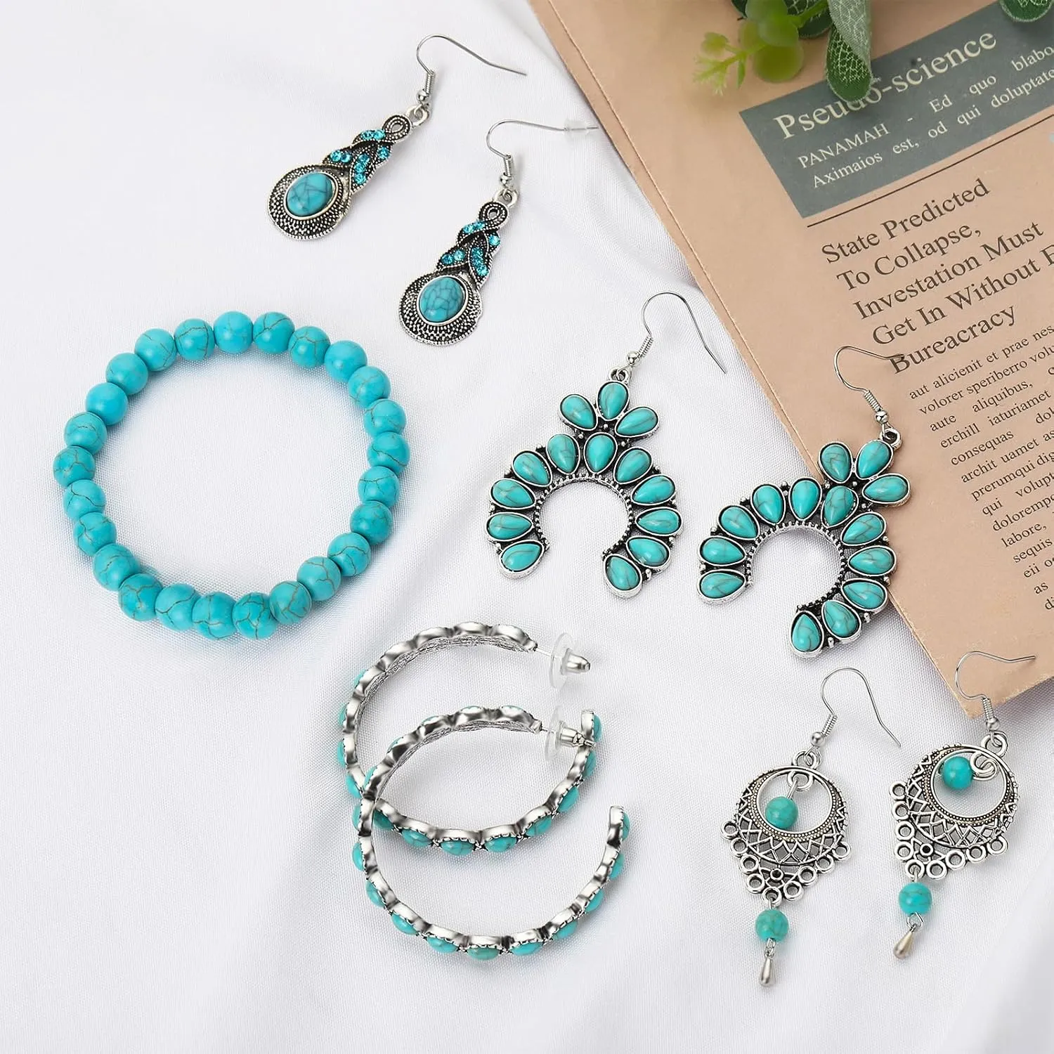 NEWITIN Silver Bohemian Jewelry Set for Women Fashion Costume Jewels Turquoise Necklace Bracelet Earrings Western Turquoise Jewelry Set for Women