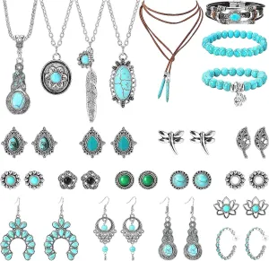 NEWITIN Silver Bohemian Jewelry Set for Women Fashion Costume Jewels Turquoise Necklace Bracelet Earrings Western Turquoise Jewelry Set for Women
