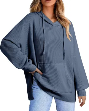 Oversized Hoodies for Women Waffle Knit Drawstring Hooded Sweatshirt with Pocket Casual Side Slit Pullover Sweaters