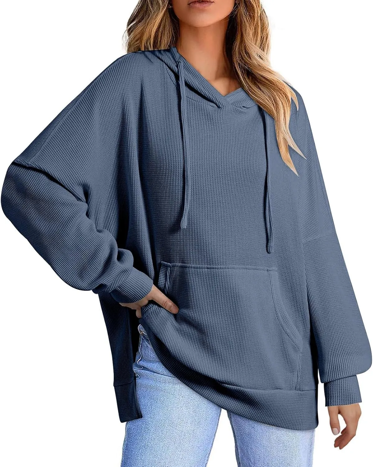 Oversized Hoodies for Women Waffle Knit Drawstring Hooded Sweatshirt with Pocket Casual Side Slit Pullover Sweaters
