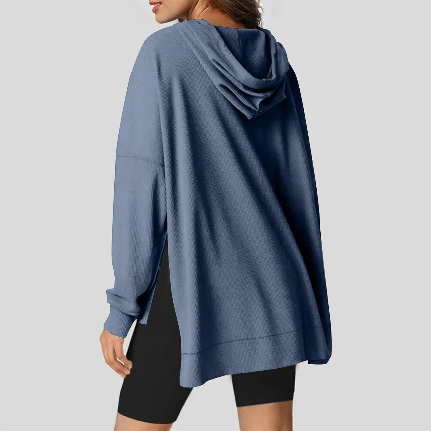 Oversized Hoodies for Women Waffle Knit Drawstring Hooded Sweatshirt with Pocket Casual Side Slit Pullover Sweaters