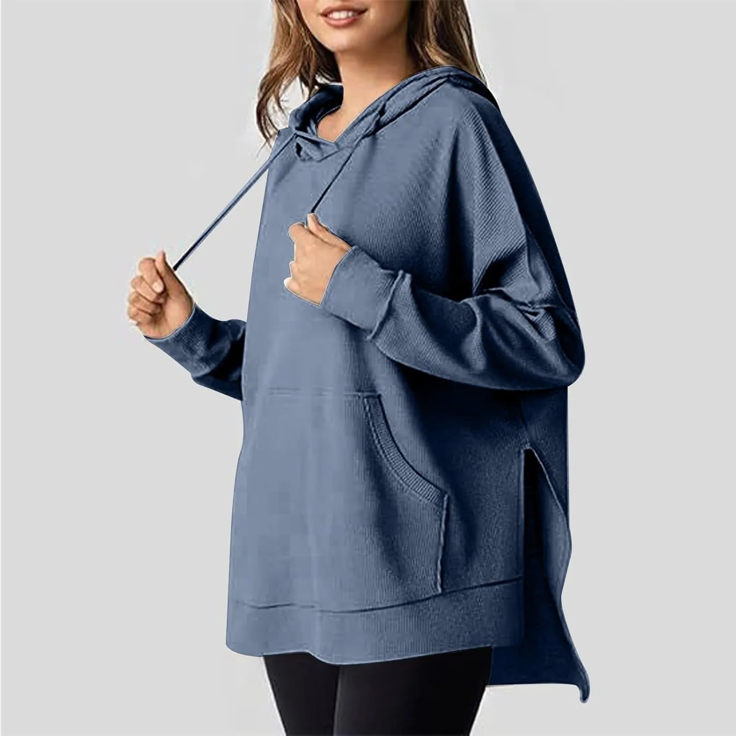 Oversized Hoodies for Women Waffle Knit Drawstring Hooded Sweatshirt with Pocket Casual Side Slit Pullover Sweaters