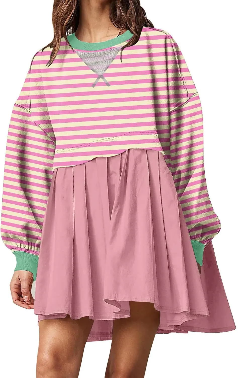Oversized Sweatshirt Dress Womens Fall Fashion 2024 Long Sleeve Crewneck Patchwork Pullover Tops Pleated Mini Dress