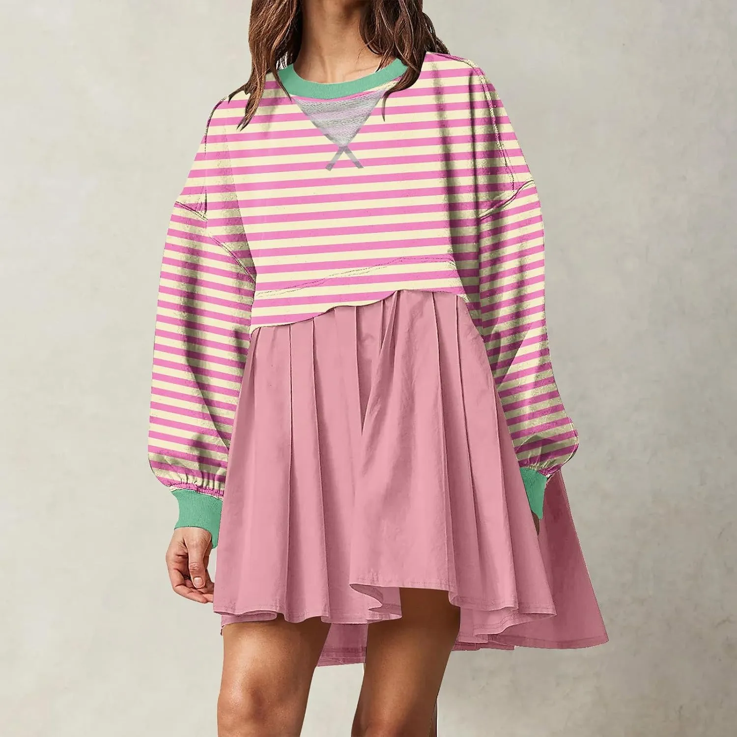 Oversized Sweatshirt Dress Womens Fall Fashion 2024 Long Sleeve Crewneck Patchwork Pullover Tops Pleated Mini Dress