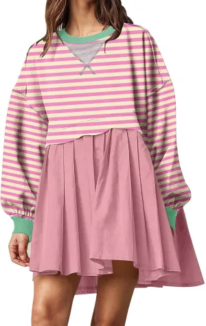 Oversized Sweatshirt Dress Womens Fall Fashion 2024 Long Sleeve Crewneck Patchwork Pullover Tops Pleated Mini Dress