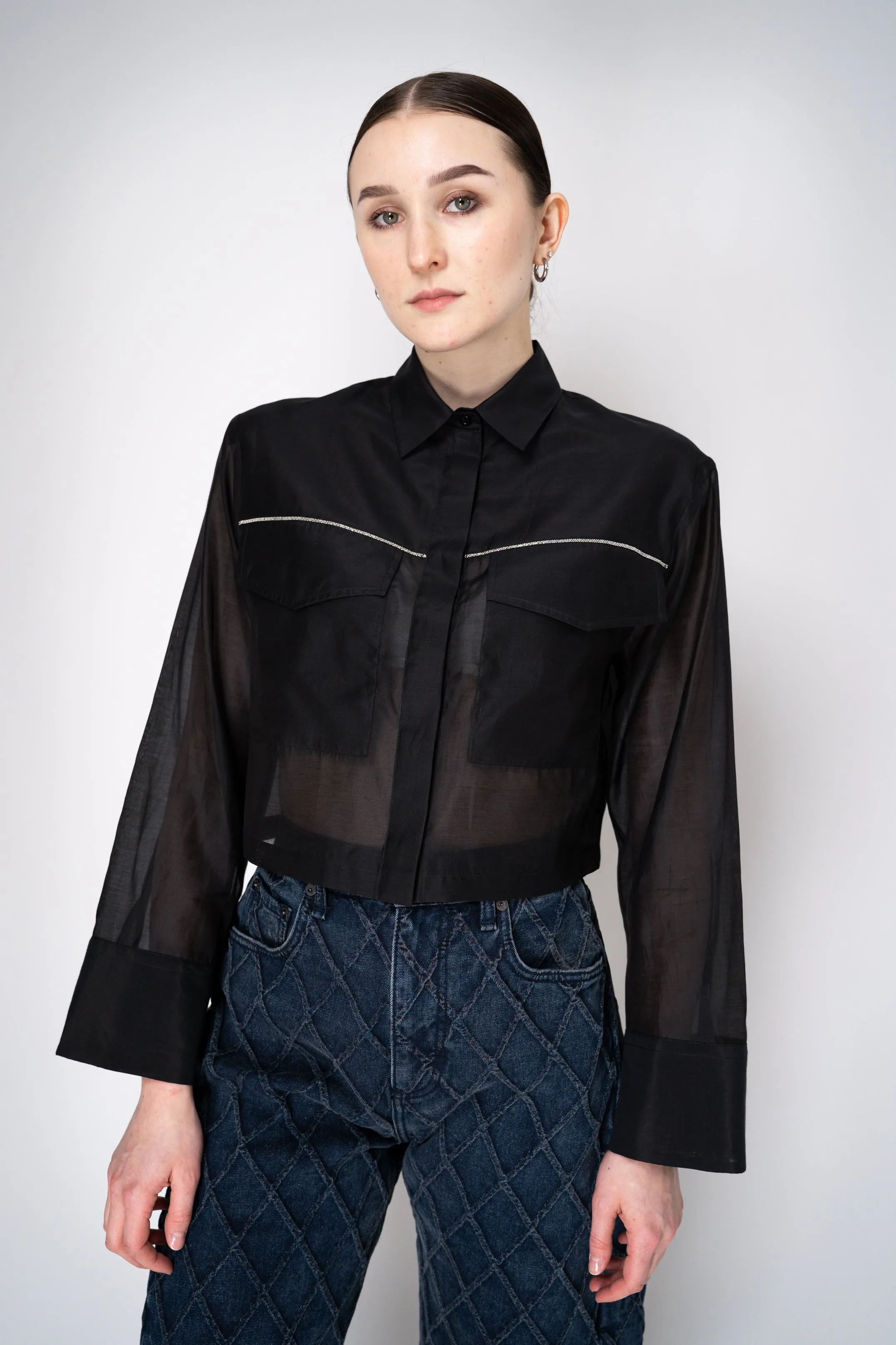 Peserico Cropped Lightweight Cotton Voile Blouse in Black