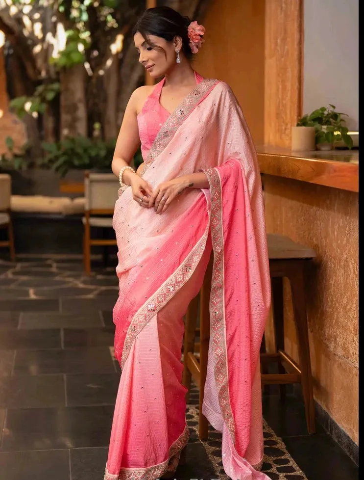 PINK OMBRE GEORGETTE SAREE WITH EMBROIDERY