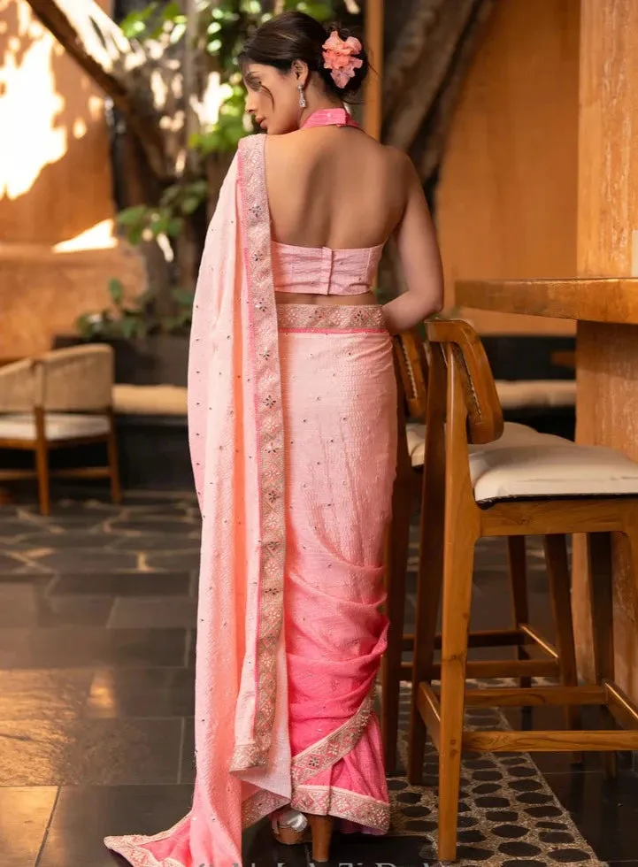 PINK OMBRE GEORGETTE SAREE WITH EMBROIDERY