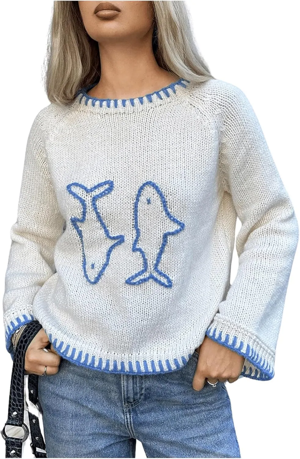 SHENHE Women's Oversized Graphic Pullover Sweater Crew Neck Cute Soft Knitted Sweater