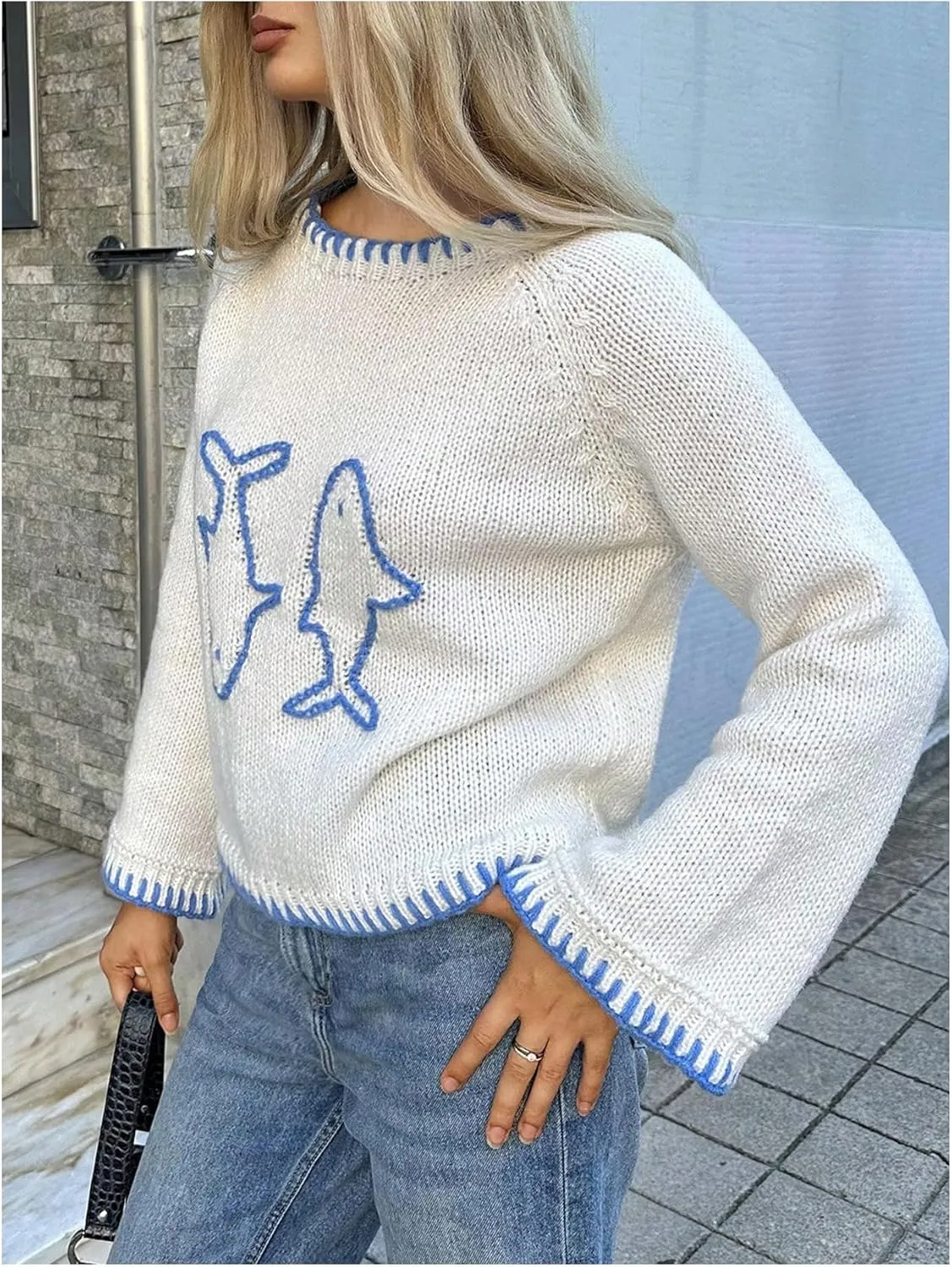 SHENHE Women's Oversized Graphic Pullover Sweater Crew Neck Cute Soft Knitted Sweater