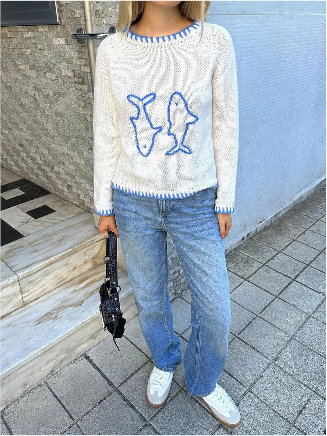 SHENHE Women's Oversized Graphic Pullover Sweater Crew Neck Cute Soft Knitted Sweater
