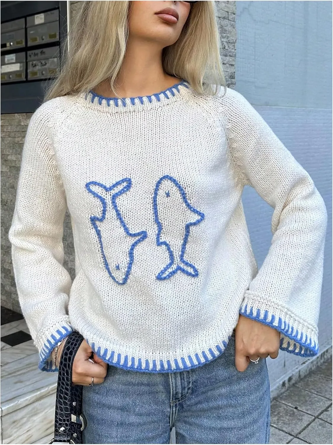 SHENHE Women's Oversized Graphic Pullover Sweater Crew Neck Cute Soft Knitted Sweater