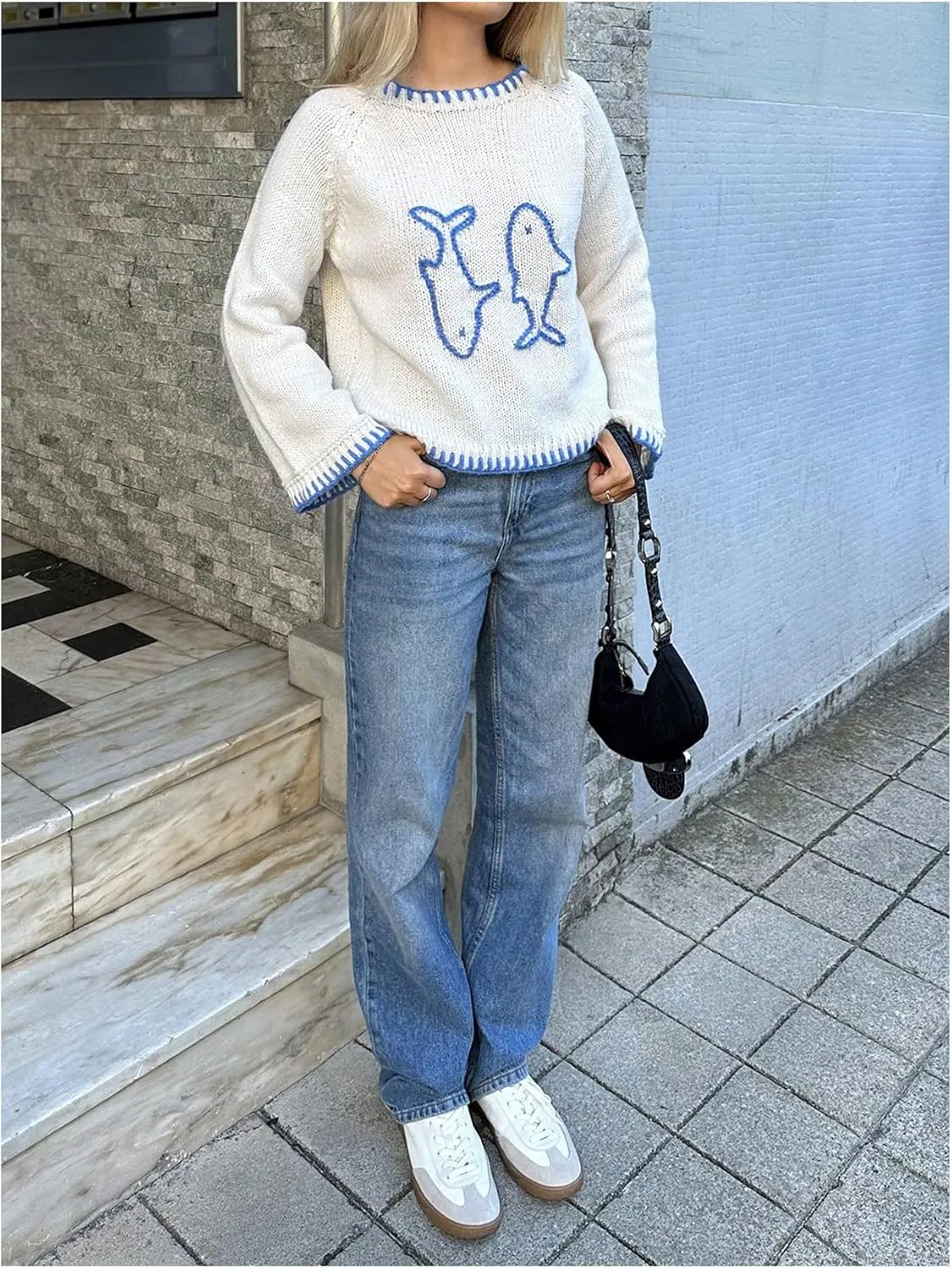 SHENHE Women's Oversized Graphic Pullover Sweater Crew Neck Cute Soft Knitted Sweater