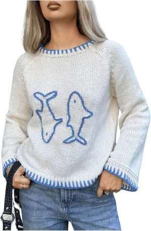 SHENHE Women's Oversized Graphic Pullover Sweater Crew Neck Cute Soft Knitted Sweater