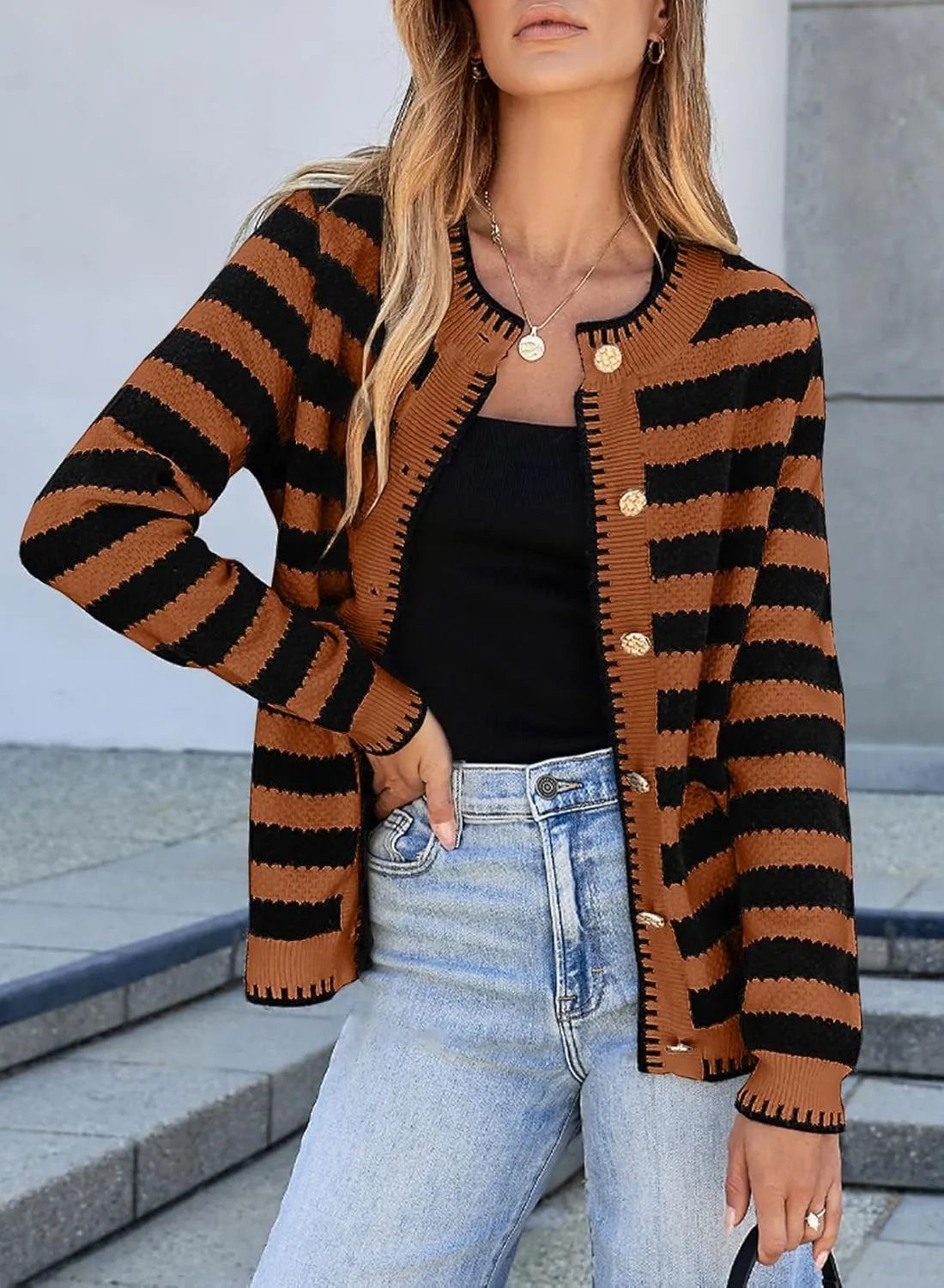 Sidefeel Women's Cardigan Sweaters Striped Open Front Button Down Knitted Coat Cropped Fall Fashion Outwear