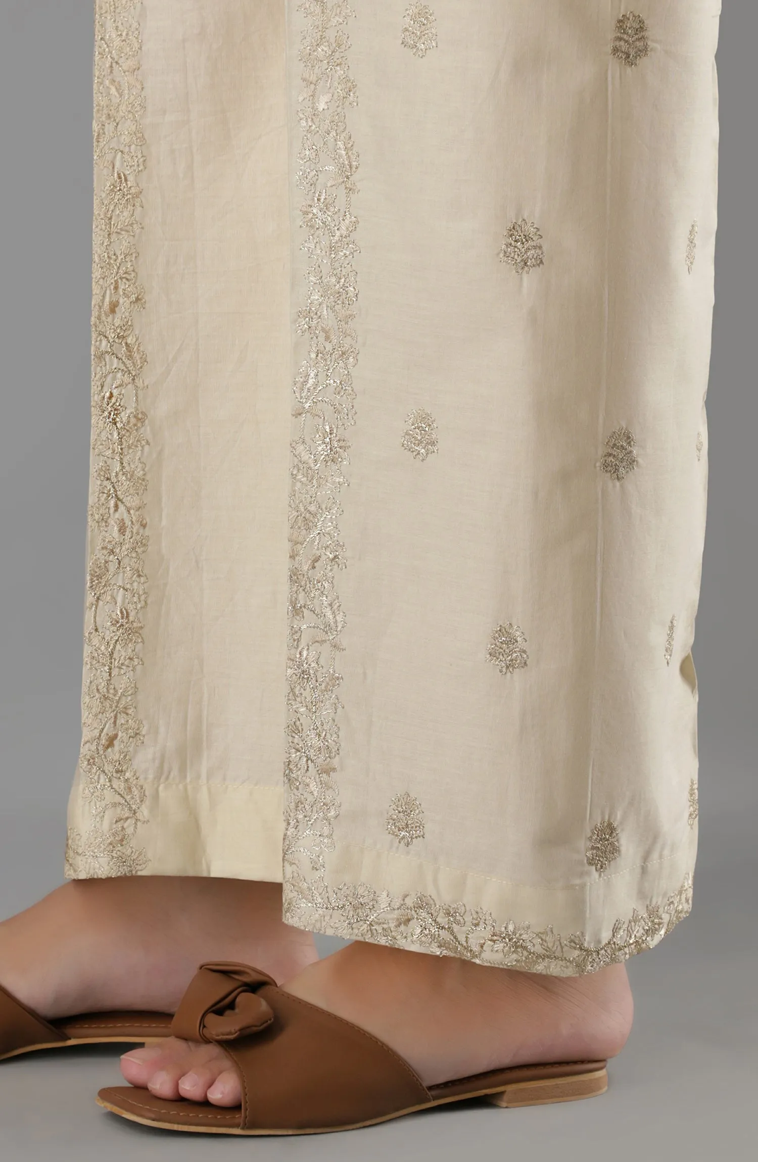Stitched Bottoms 1 Piece Embroidered Cambric Pants (NRPE-64/S BEIGE)