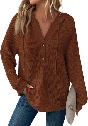 TWGONE Hoodies for Women Waffle Knit Drawstring Button Pullover V Neck Long Sleeve Casual Hooded Sweatshirt Tops