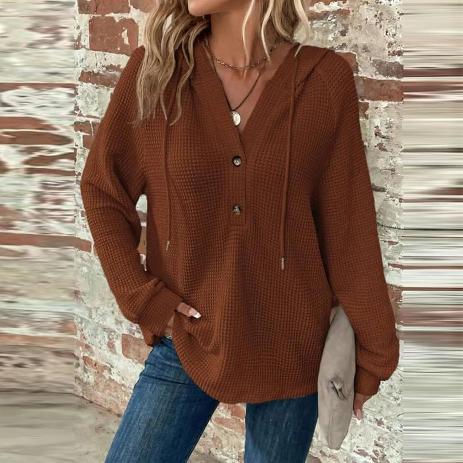 TWGONE Hoodies for Women Waffle Knit Drawstring Button Pullover V Neck Long Sleeve Casual Hooded Sweatshirt Tops